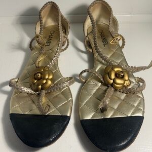 Vintage Chanel Gold Quilted Sandals Pre Loved Size 9